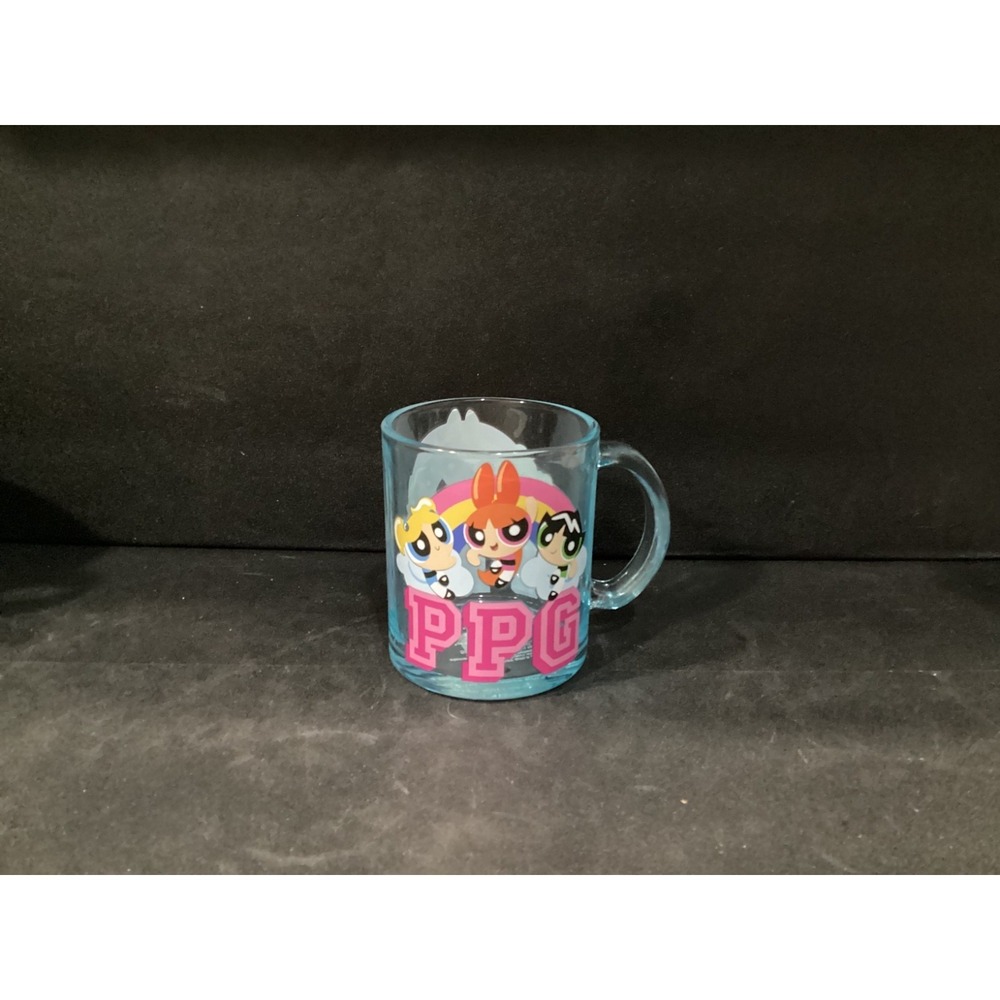 Power Puff Girls Clear Blue Glass Mug PPG Coffee Cartoon‎ Holds 17.5 Ounces